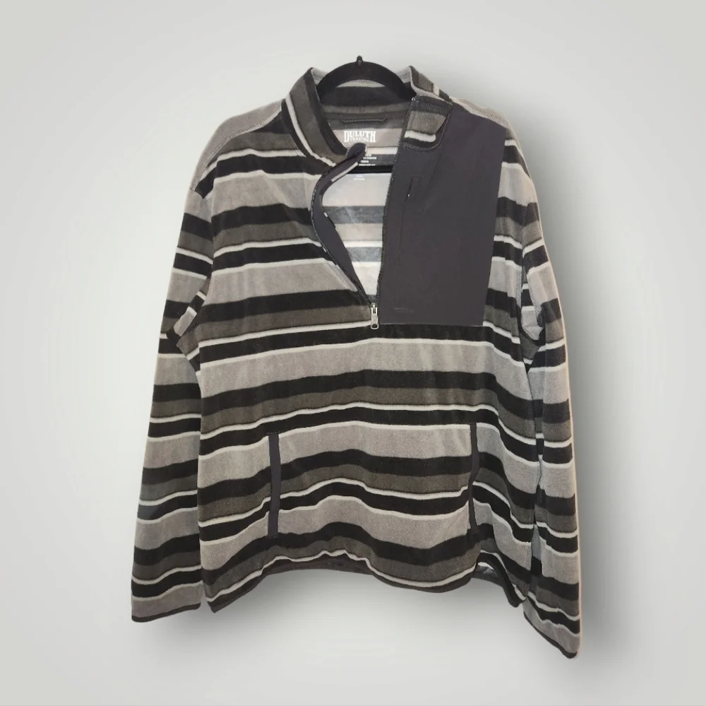 Duluth Trading co 1/4 Zip Fleece pullover Mens L black gray striped Chec…